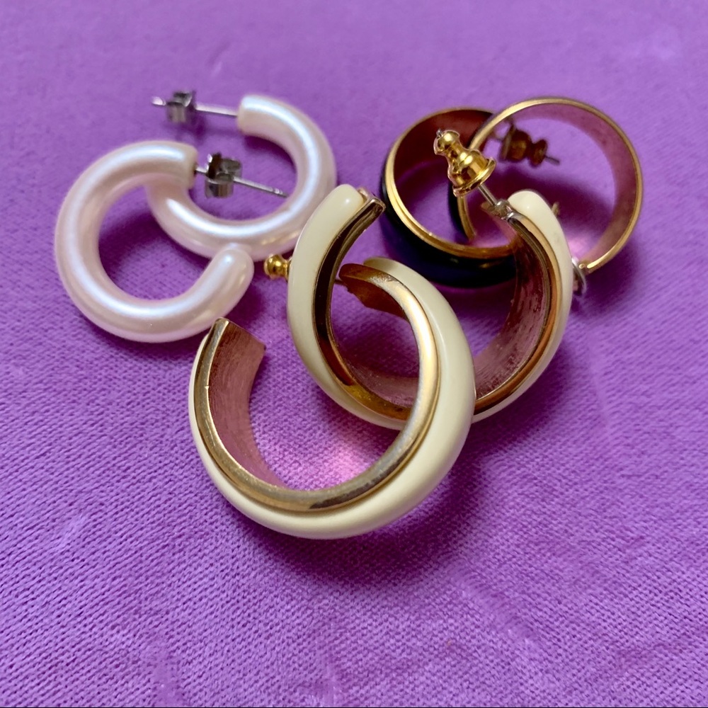 3 pair Hoop Earrings Cream Black White Pierced